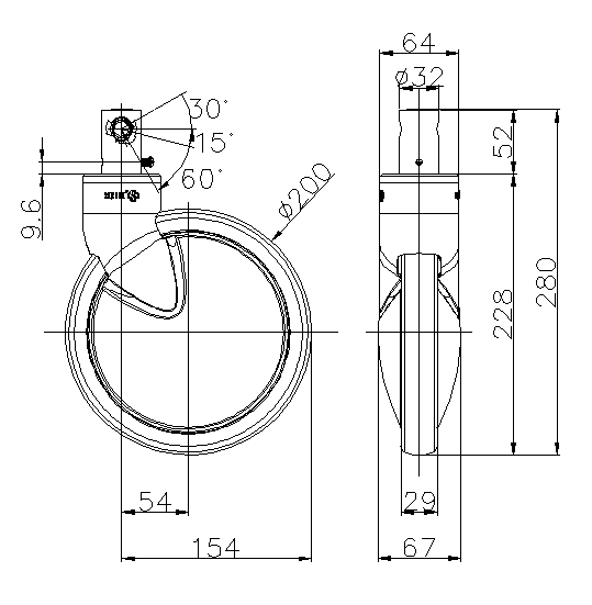 Castor/Wheel for Bed/Stretcher - 200 mm diameter central lock